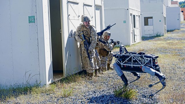 Der Roboter »Spot« kann sowohl im militärischen wie im zivilen Kontext das Gelände erkunden, hier bei einem Trainingseinsatz der US Marines im Jahr 2015.