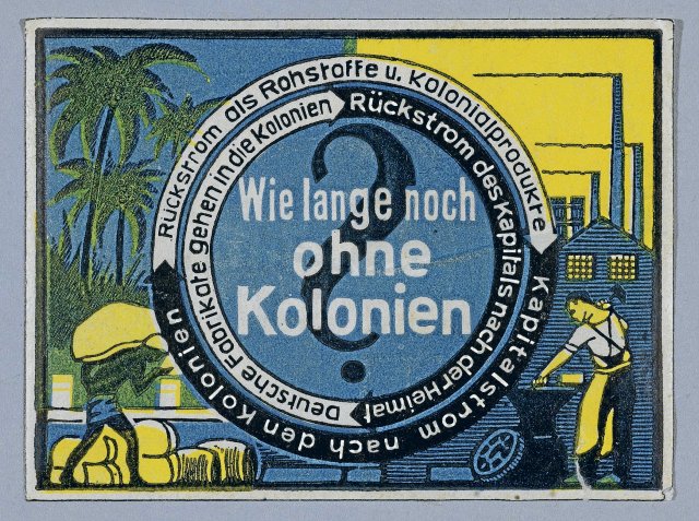 Kolonien waren für die Industrie ein wichtiger Rohstofflieferant und lukrativer Absatzmarkt. Diese Propagandamarke von 1925 verdeutlicht die wirtschaftlichen Motive des Kolonialismus.