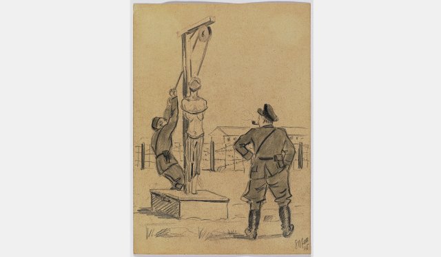 Ernst Kaufmann, »Jüdischer Häftling bei Streckübung am Flaschenzug«, 1945