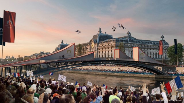 This handout illustration released on December 15, 2021 by Paris 2024 Olympic Committee shows Paris Olympics opening ceremony on July 26, 2024, which will take part on the River Seine, breaking the long-held Summer Games tradition of a stadium procession of athletes and officials.