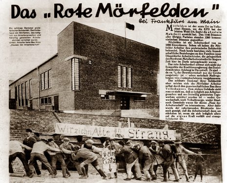 Mörfelden war einst eine Hochburg der KPD, bei der Reichstagswahl am 14. September 1930 erreichte die Partei dort sogar die absolute Mehrheit. Die AIZ widmete Mörfelden damals einen großen Beitrag, das Foto zeigt das von Arbeitergroschen finanzierte Volkshaus.