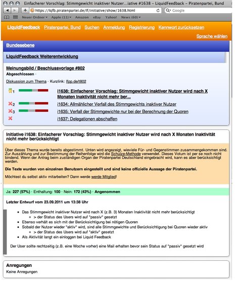 So schaut eine Abstimmung im neuen LQFB-System der Piraten aus. Sollen inaktive Nutzer nach drei Monaten ignoriert werden, damit es nicht zu Verzerrungen kommt? 227 Piraten (entspricht 57 Prozent der Abstimmenden) sind dafür, der große Rest der 35.000 Piraten schweigt.