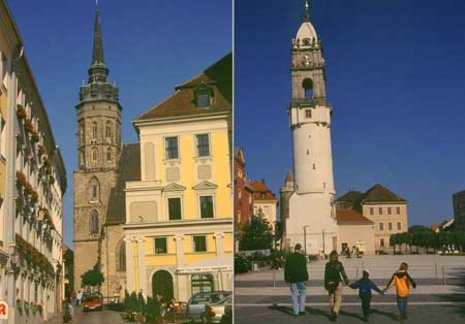 Blick auf den Dom vom Hauptmarkt aus (l.). Schiefer Turm der Lausitz